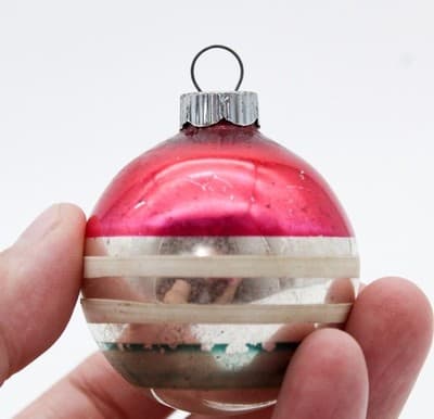 Shiny Brite Vintage Striped Red White Teal Silvered Glass Christmas Ornament - Thumbnail 2