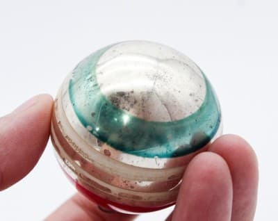 Shiny Brite Vintage Striped Red White Teal Silvered Glass Christmas Ornament - Thumbnail 3