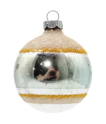 Shiny Brite Vintage Mica Striped Yellow Teal Silvered Glass Christmas Ornament - Image 1