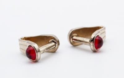 Hickok USA Patented Red Crystal Cabochon Gold Tone Men's Cufflinks - Thumbnail 4