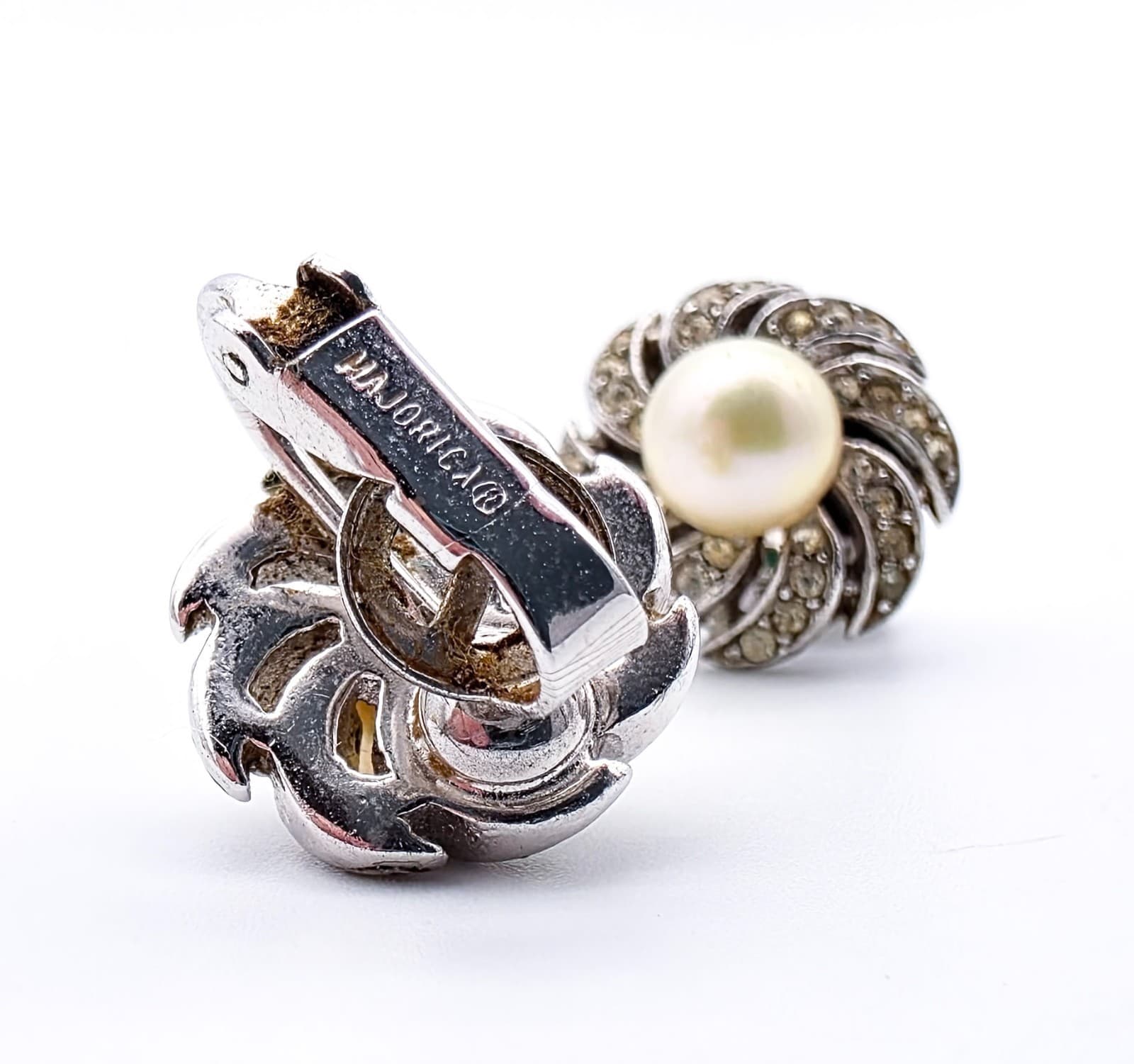 Majorica Silver Tone Rhinestone & Faux Pearl Floral Clip-On Earrings Vintage - Thumbnail 3