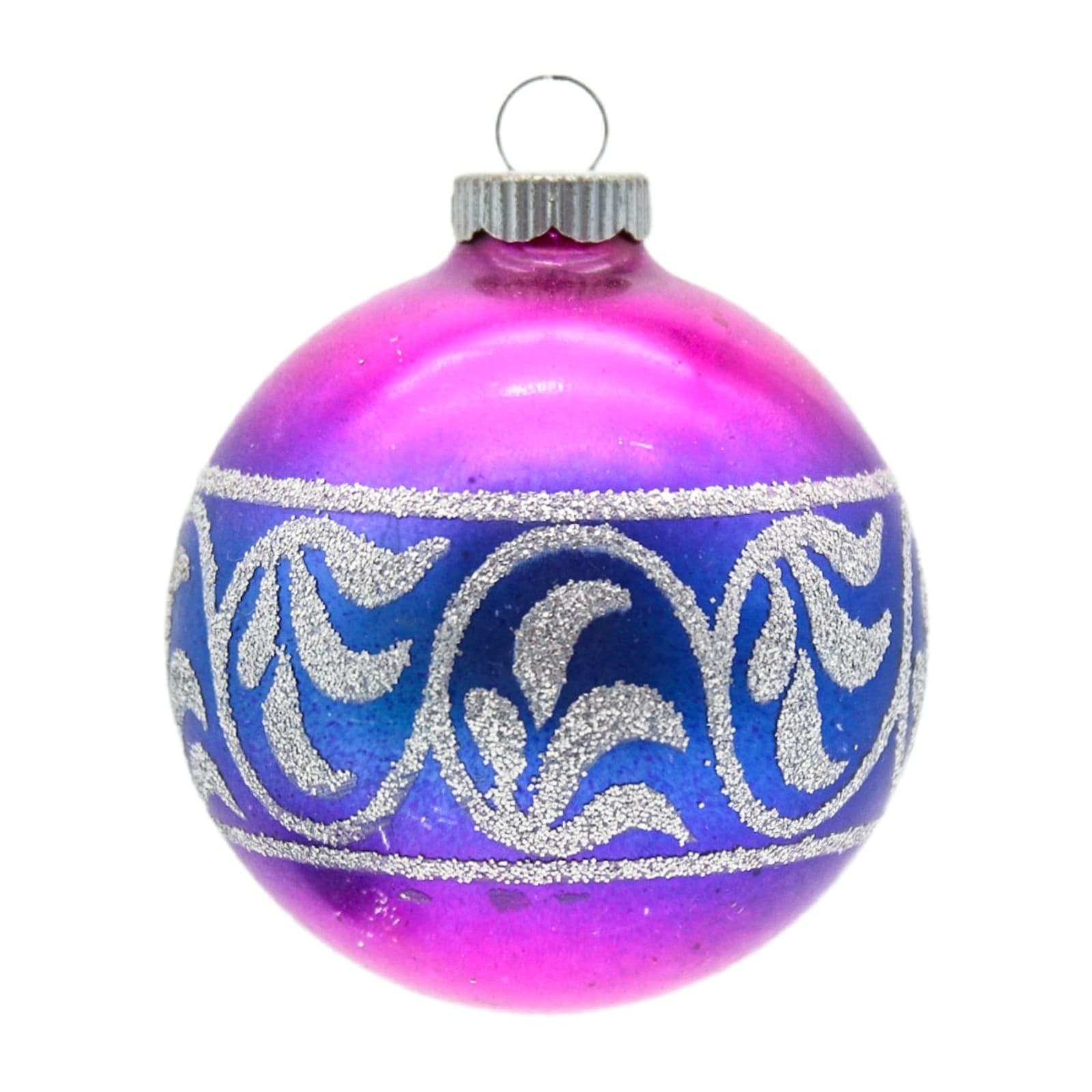 Shiny Brite Vintage Magenta Purple Ombre Glitter Scroll Glass Christmas Ornament - Image 1