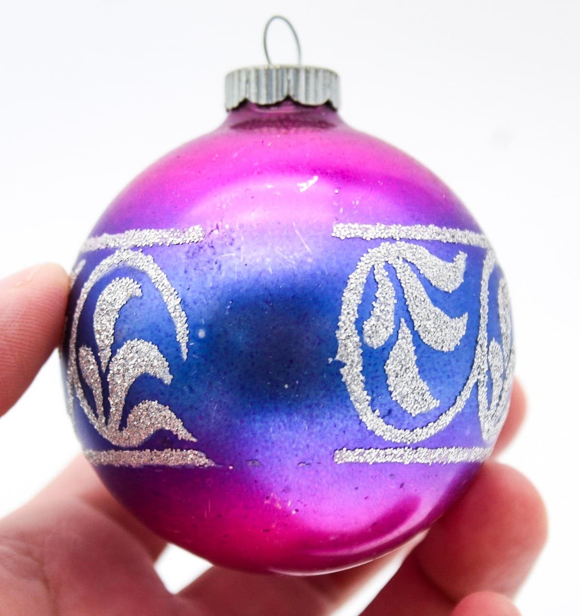 Shiny Brite Vintage Magenta Purple Ombre Glitter Scroll Glass Christmas Ornament - Thumbnail 6
