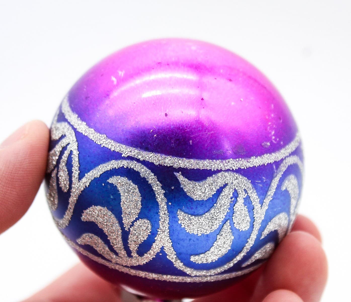 Shiny Brite Vintage Magenta Purple Ombre Glitter Scroll Glass Christmas Ornament - Thumbnail 4