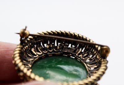 Vintage Green Cabochon Glass Filigreed Made In Austria Pin Brooch - Thumbnail 4