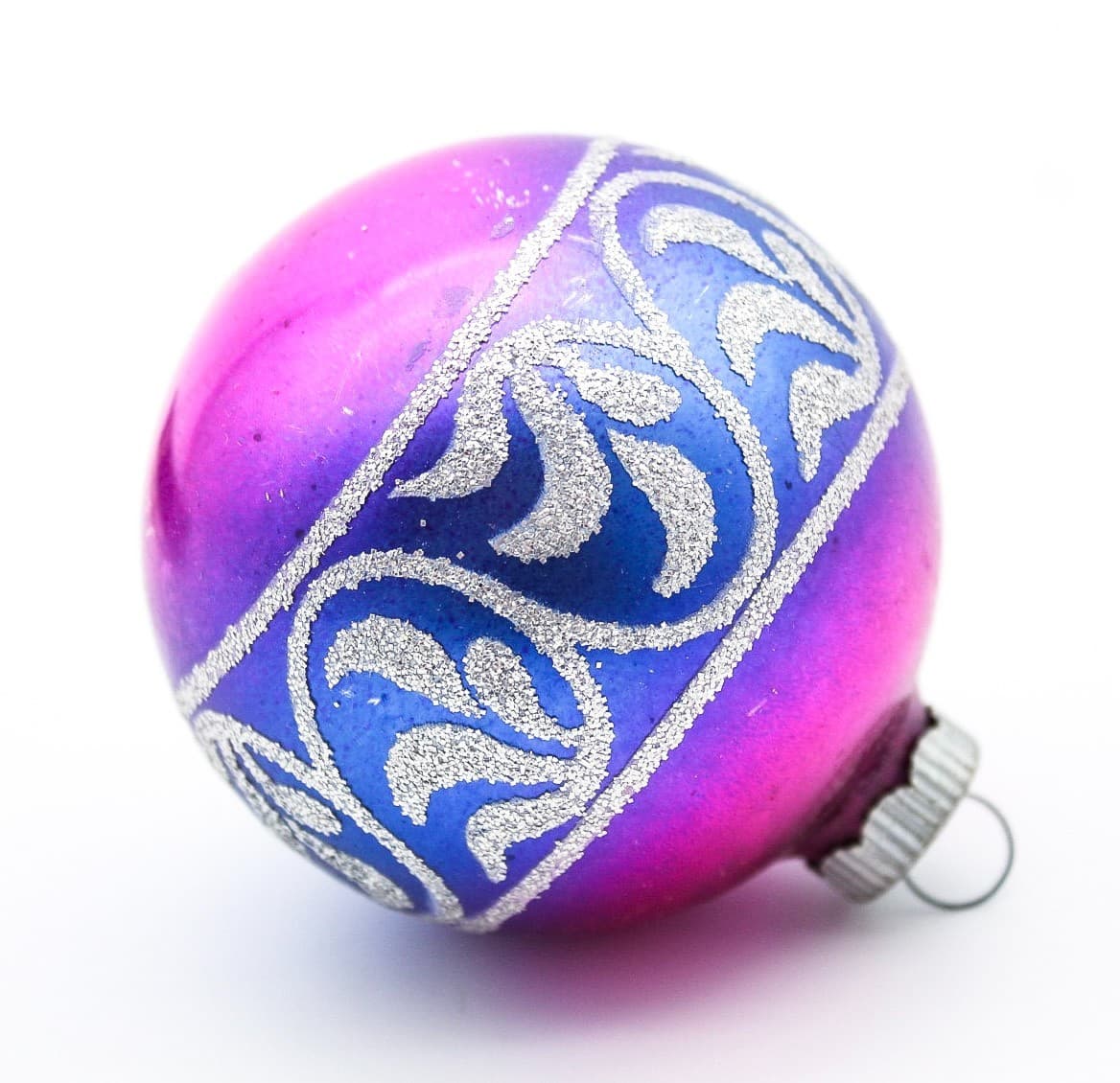 Shiny Brite Vintage Magenta Purple Ombre Glitter Scroll Glass Christmas Ornament - Thumbnail 2