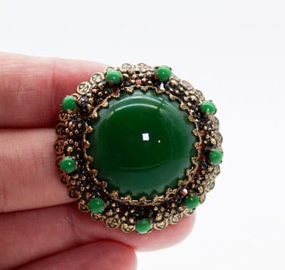Vintage Green Cabochon Glass Filigreed Made In Austria Pin Brooch - Thumbnail 2