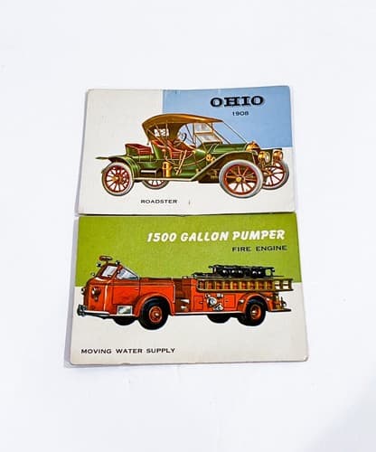 2 Vintage 1954 Topps World on Wheels Ohio Roadster & 1500 Gallon Pumper Cards - Thumbnail 3