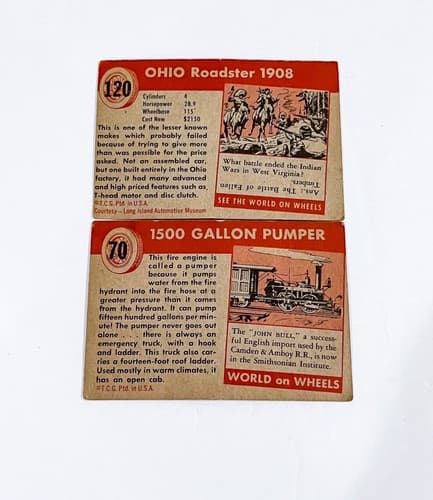 2 Vintage 1954 Topps World on Wheels Ohio Roadster & 1500 Gallon Pumper Cards - Thumbnail 2