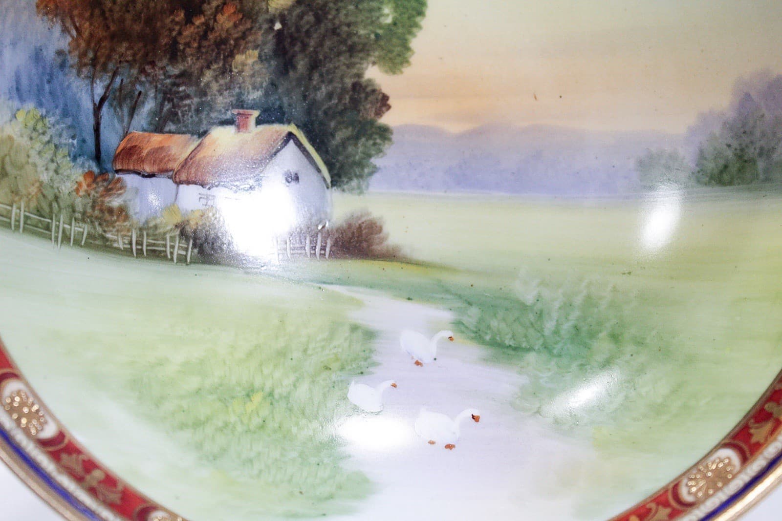 Antique Hand Painted NIPPON Japan Scenic Gold Gilt Porcelain Pedestal Bowl - Thumbnail 2