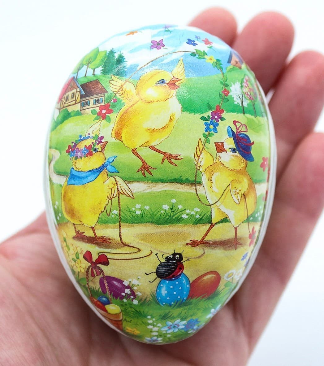 Echt Erzgebirge Germany Paper Mache Easter Playing Chicks Egg Candy Container - Thumbnail 6