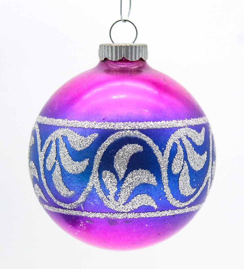 Shiny Brite Vintage Magenta Purple Ombre Glitter Scroll Glass Christmas Ornament - Thumbnail 8