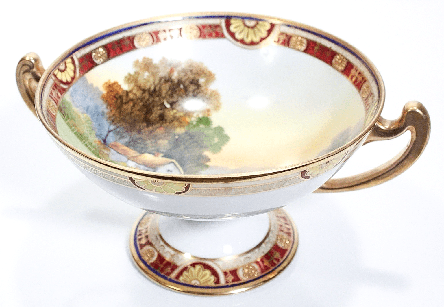 Antique Hand Painted NIPPON Japan Scenic Gold Gilt Porcelain Pedestal Bowl - Image 1