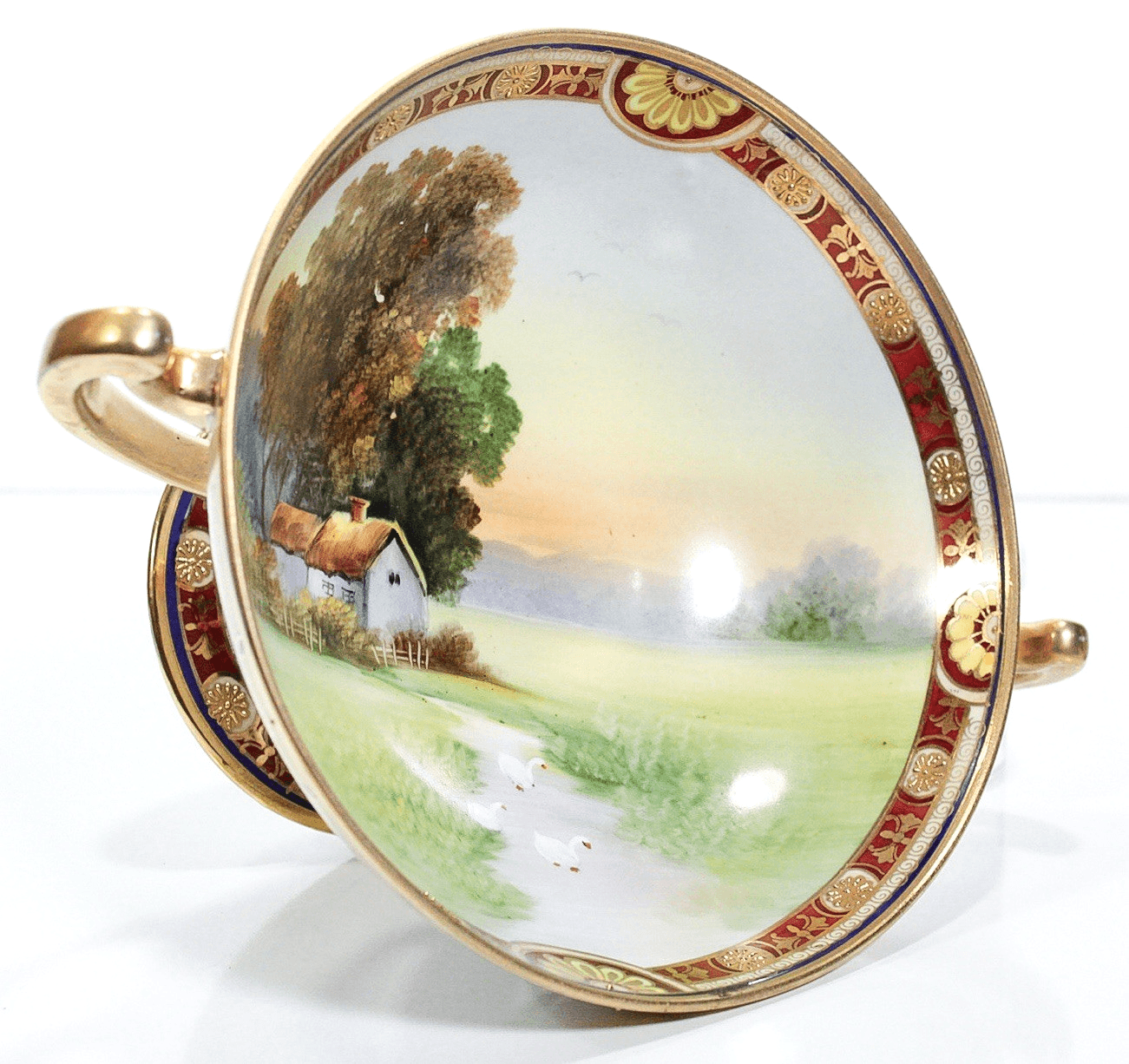 Antique Hand Painted NIPPON Japan Scenic Gold Gilt Porcelain Pedestal Bowl - Thumbnail 4