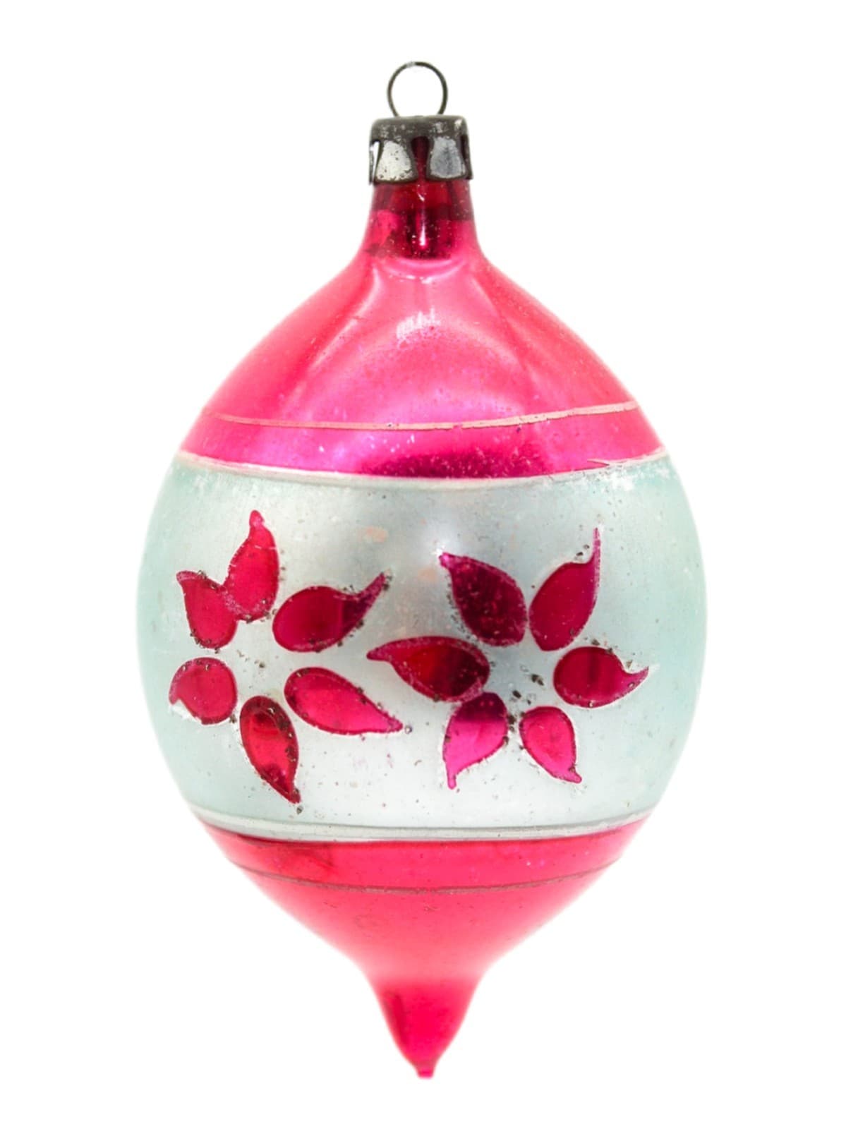 Vintage Poland Hand Painted Teardrop Pink Floral Motif Glass Christmas Ornament - Image 1