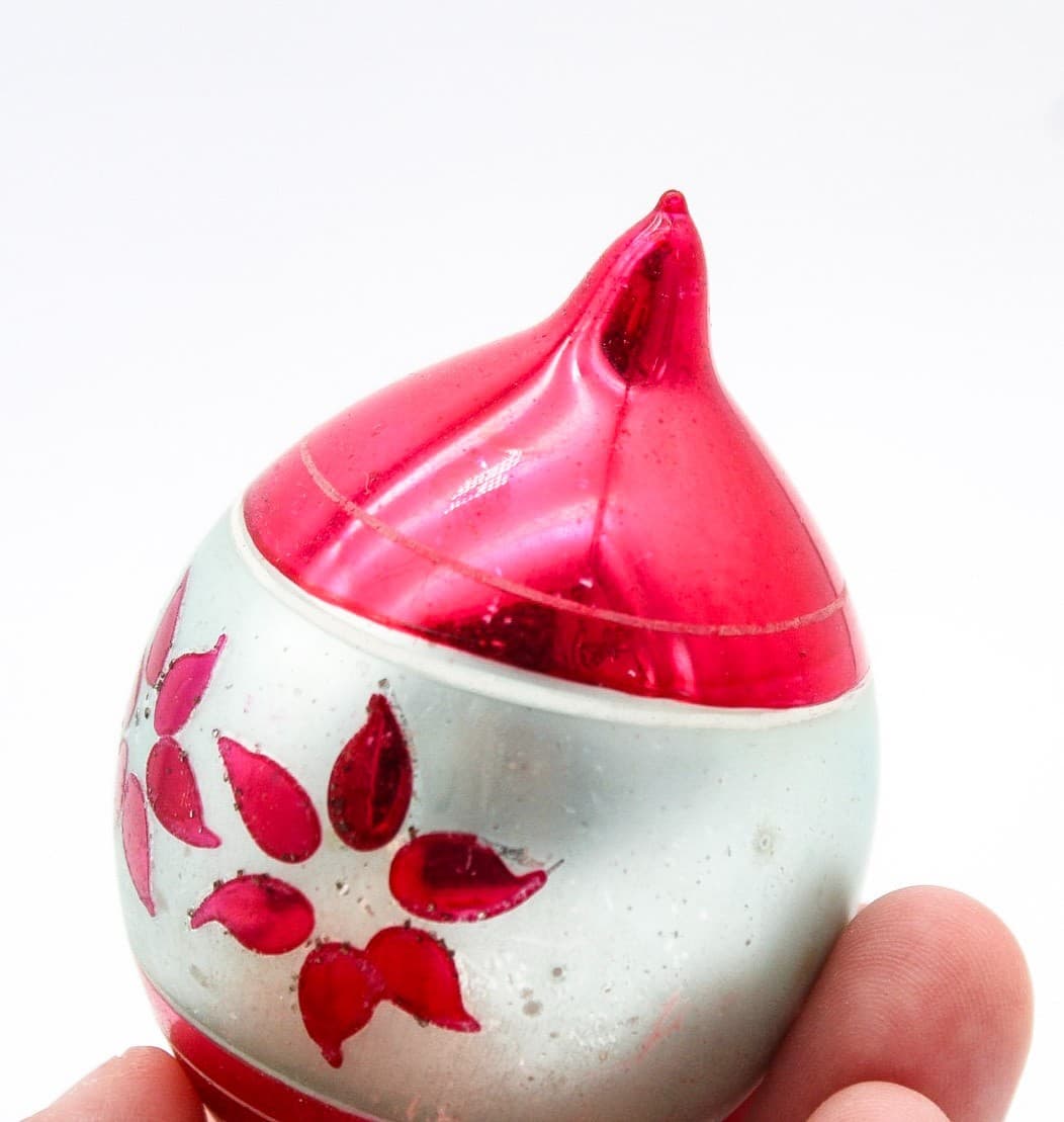Vintage Poland Hand Painted Teardrop Pink Floral Motif Glass Christmas Ornament - Thumbnail 3