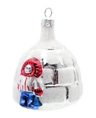 Vintage Made In Poland Eskimo With Mica Igloo Motif Glass Christmas Ornament - Image 1