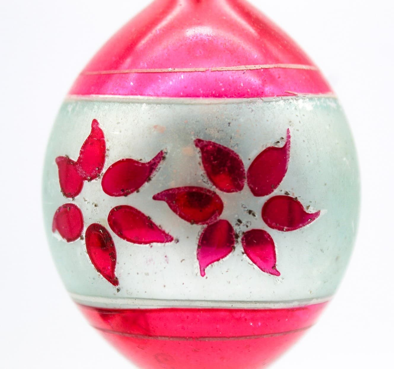 Vintage Poland Hand Painted Teardrop Pink Floral Motif Glass Christmas Ornament - Thumbnail 6