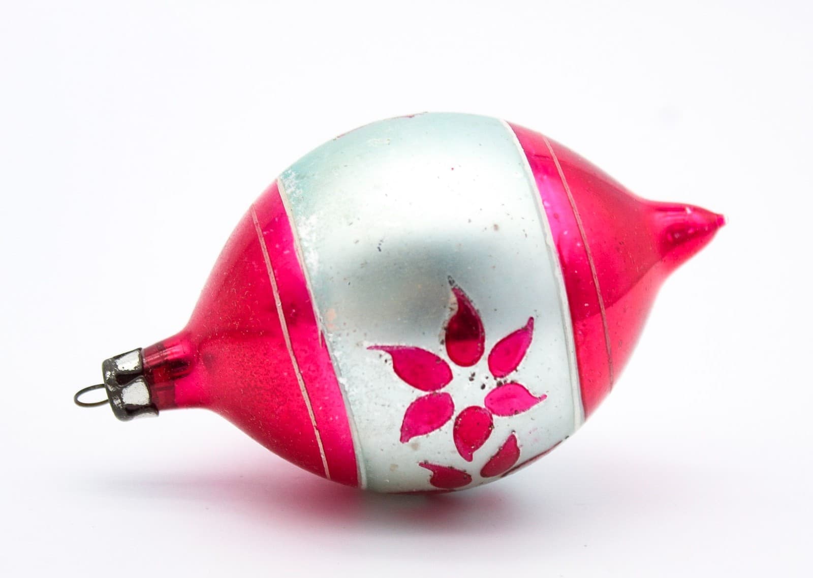 Vintage Poland Hand Painted Teardrop Pink Floral Motif Glass Christmas Ornament - Thumbnail 2