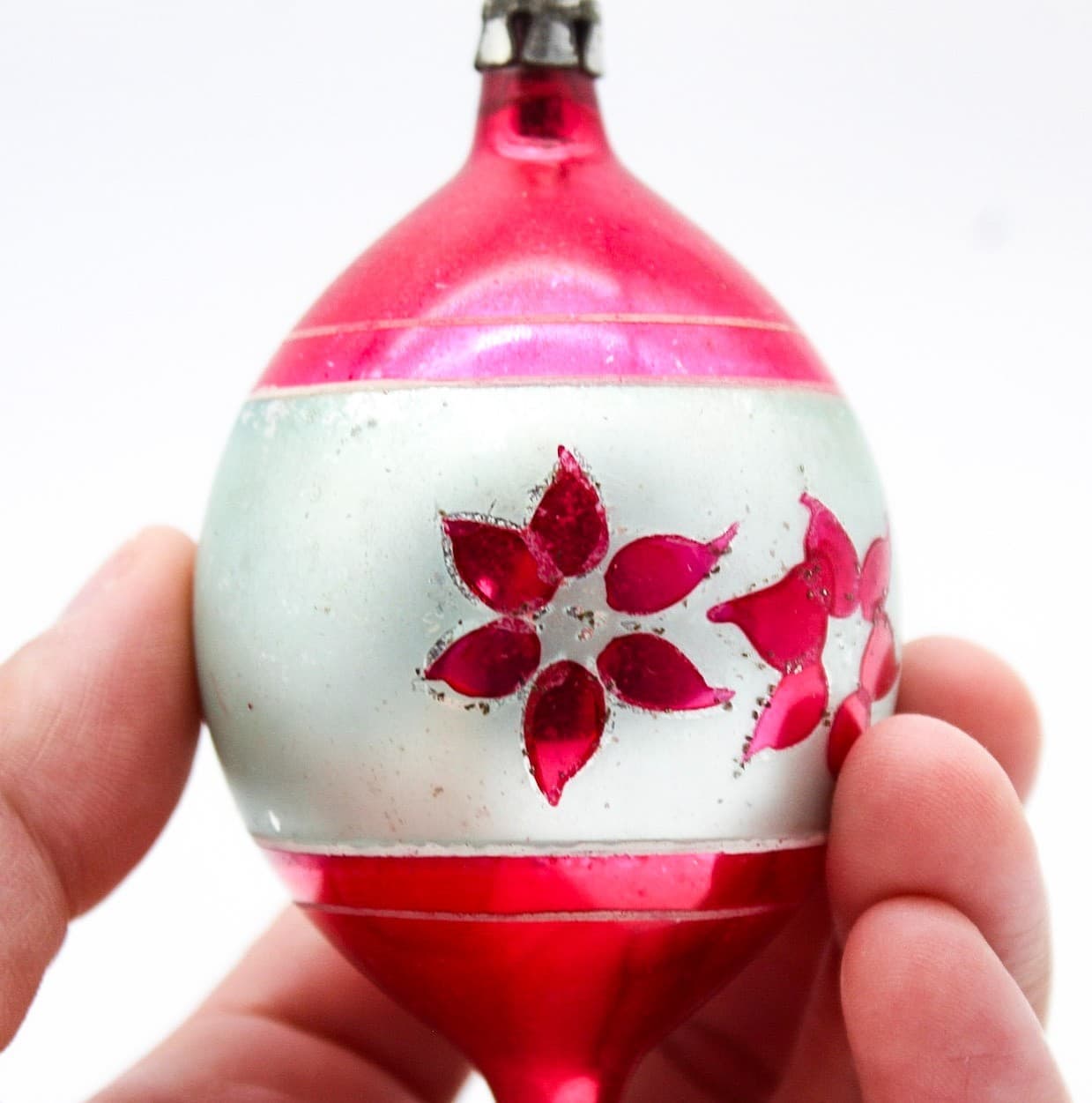 Vintage Poland Hand Painted Teardrop Pink Floral Motif Glass Christmas Ornament - Thumbnail 5