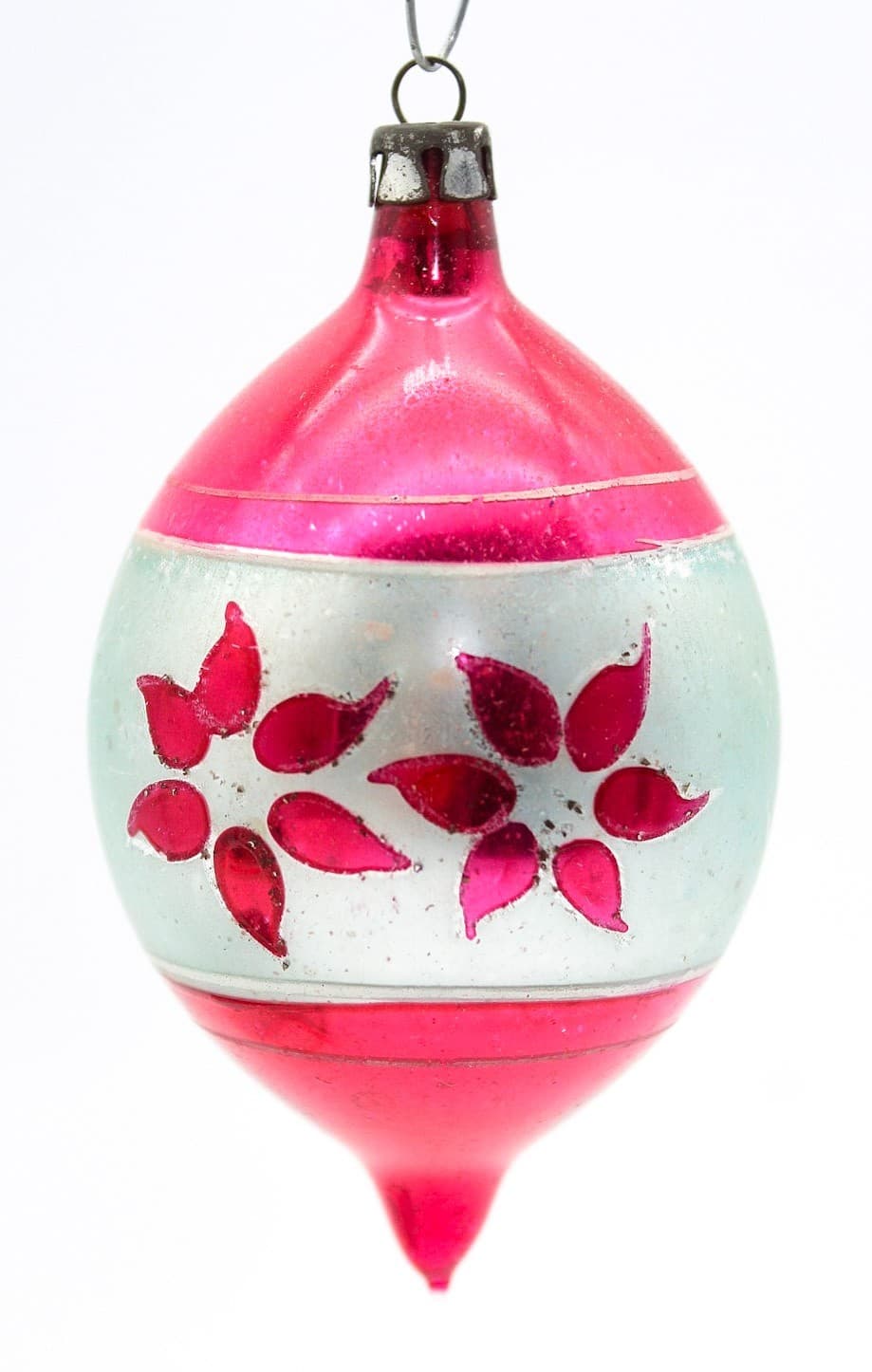 Vintage Poland Hand Painted Teardrop Pink Floral Motif Glass Christmas Ornament - Thumbnail 7