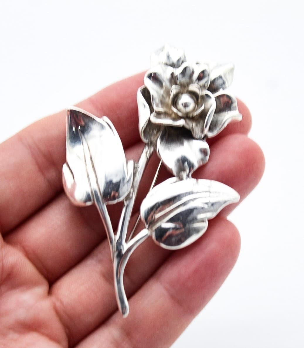 Vintage Sterling Silver 925 Rose Flower Motif Large Statement Pin Brooch 3" - Thumbnail 2