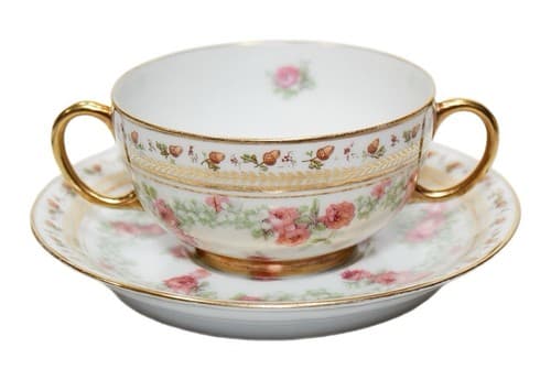 LIMOGES J. Pouyat France Acorn Flower Porcelain Boullion Cup & Saucer - Image 1