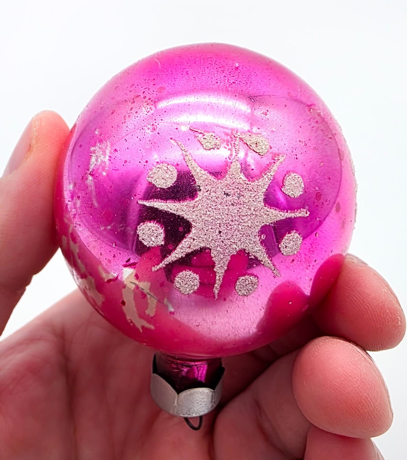 Shiny Brite Vintage 1950's USA Pink Stencil Star Ball Glass Christmas Ornament - Thumbnail 3