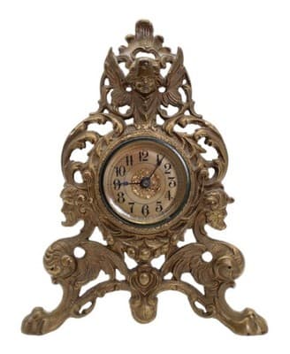 Antique Cast Iron Gold Gilt Cherub & Griffin Motif Desk Mantle Footed Clock - Image 1