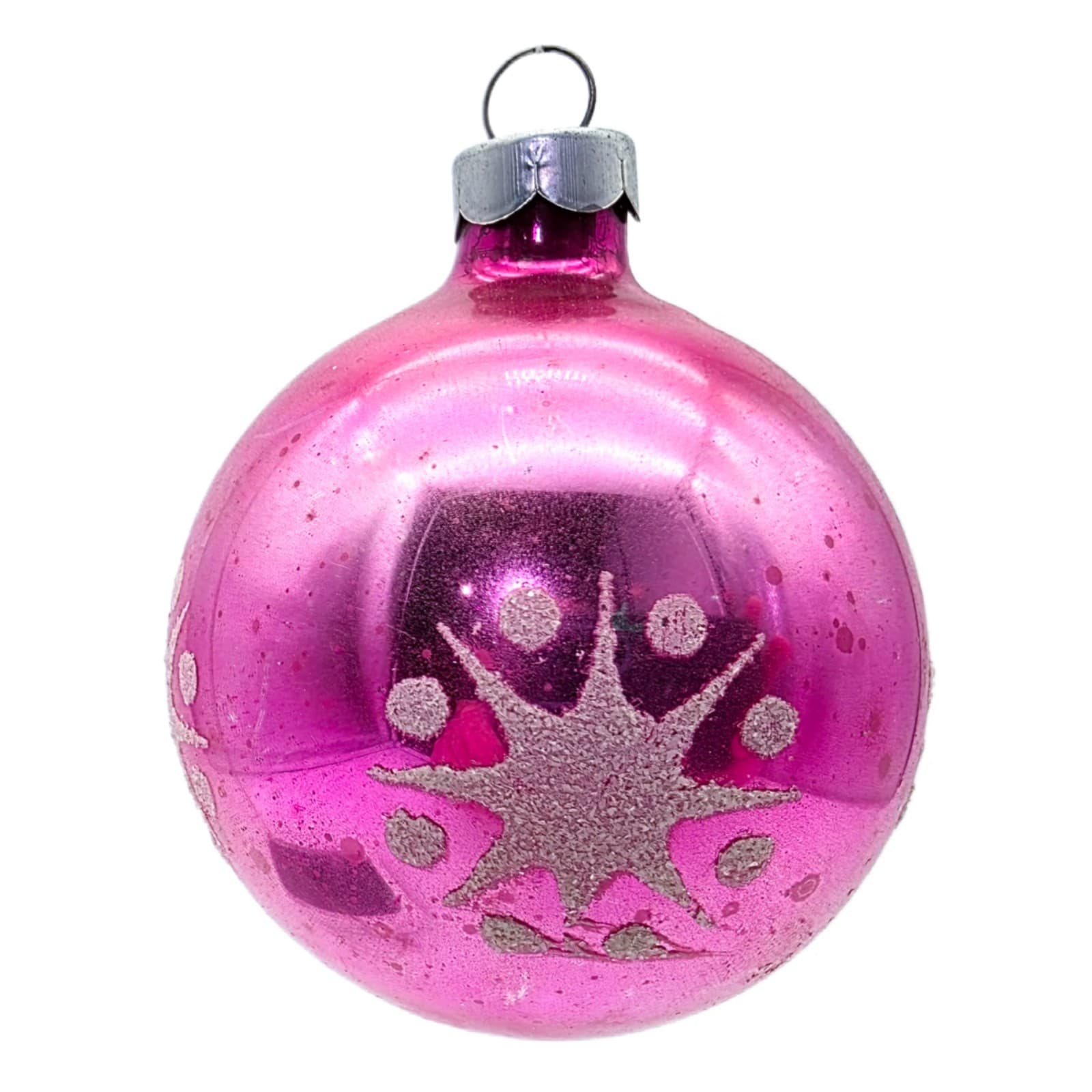 Shiny Brite Vintage 1950's USA Pink Stencil Star Ball Glass Christmas Ornament - Image 1