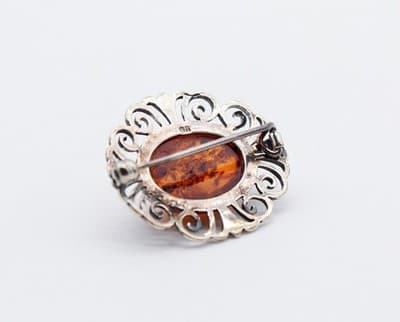 Vintage Natural Baltic Amber Sterling Silver 925 Ornate Pin Brooch - Thumbnail 4
