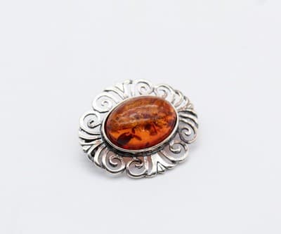 Vintage Natural Baltic Amber Sterling Silver 925 Ornate Pin Brooch - Thumbnail 5