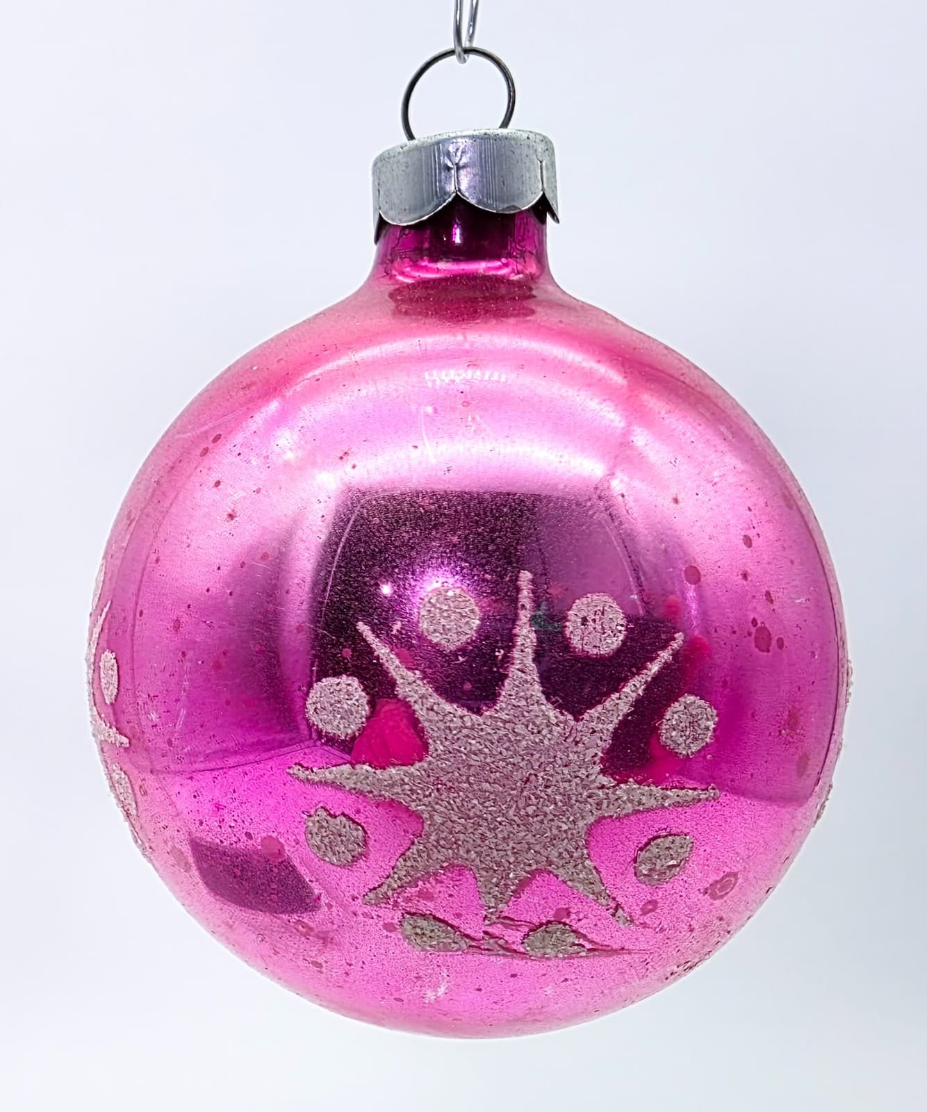 Shiny Brite Vintage 1950's USA Pink Stencil Star Ball Glass Christmas Ornament - Thumbnail 6