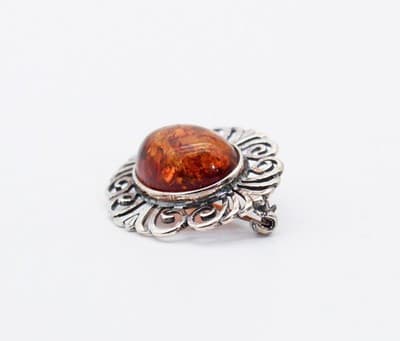 Vintage Natural Baltic Amber Sterling Silver 925 Ornate Pin Brooch - Thumbnail 2