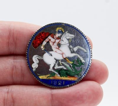 Antique Georgian King George IV 1821 Enamel Silver Coin Brooch Pendant RARE - Thumbnail 9