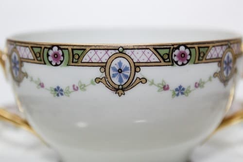 LIMOGES France Clairette Gilt Handles Porcelain Boullion Cup & Saucer - Thumbnail 2