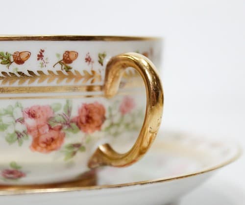 LIMOGES J. Pouyat France Acorn Flower Porcelain Boullion Cup & Saucer - Thumbnail 3