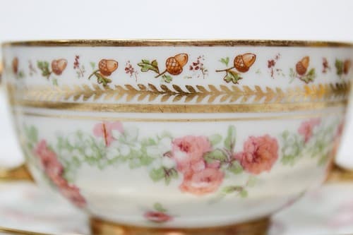 LIMOGES J. Pouyat France Acorn Flower Porcelain Boullion Cup & Saucer - Thumbnail 2