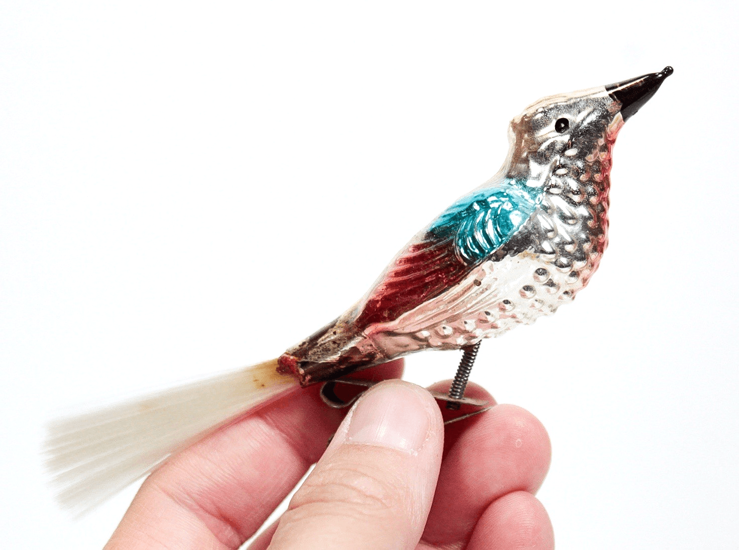 Vintage Glass Clip On Blue Winged Song Bird With Spun Tail Christmas Ornament - Image 1