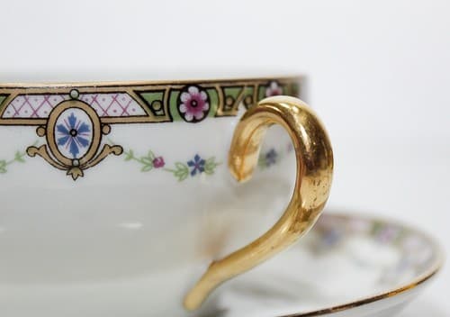 LIMOGES France Clairette Gilt Handles Porcelain Boullion Cup & Saucer - Thumbnail 3