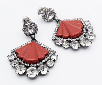 MOANS COUTURE Designer Art Deco Style Rhinestone Red Lucite ClipOn Earrings RARE - Thumbnail 3