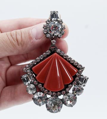 MOANS COUTURE Designer Art Deco Style Rhinestone Red Lucite ClipOn Earrings RARE - Thumbnail 2