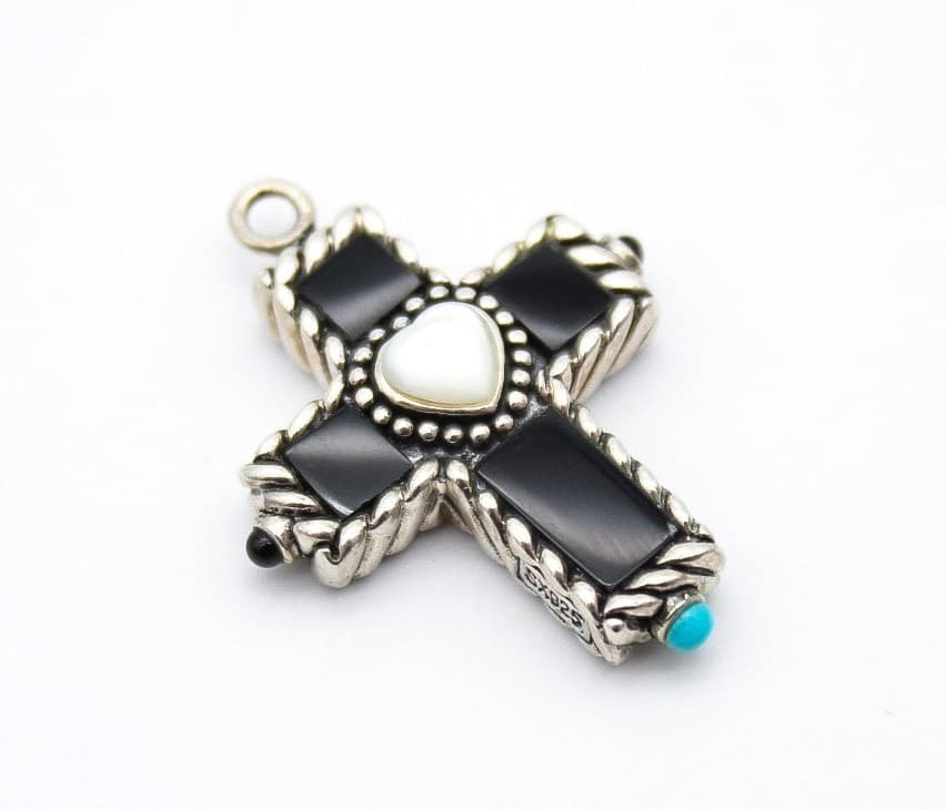 Sally C Treasures Sterling Silver 925 Onyx & Turquoise Cross Crucifix Pendant 1" - Thumbnail 8