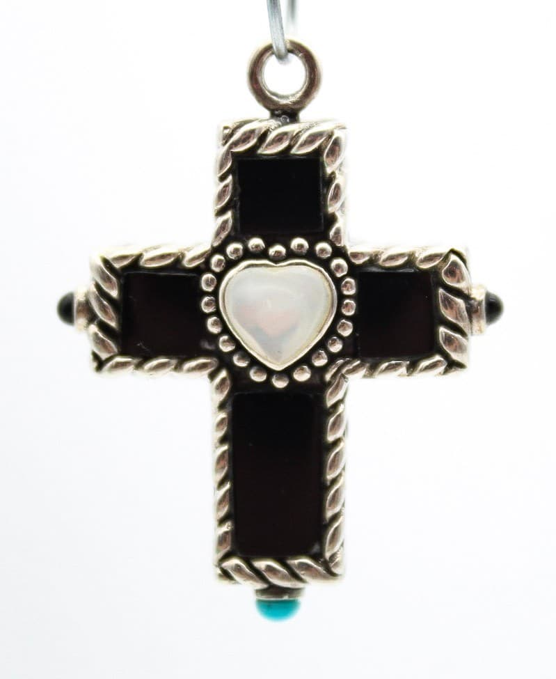 Sally C Treasures Sterling Silver 925 Onyx & Turquoise Cross Crucifix Pendant 1" - Thumbnail 6