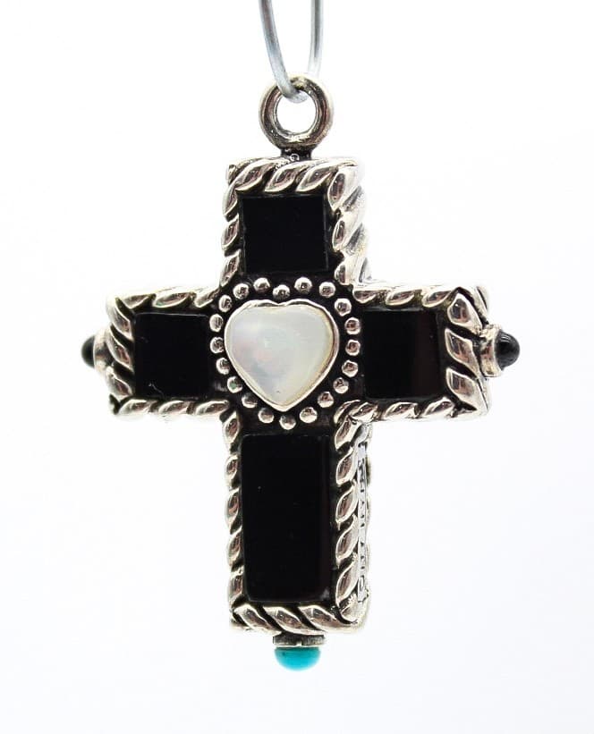 Sally C Treasures Sterling Silver 925 Onyx & Turquoise Cross Crucifix Pendant 1" - Thumbnail 7