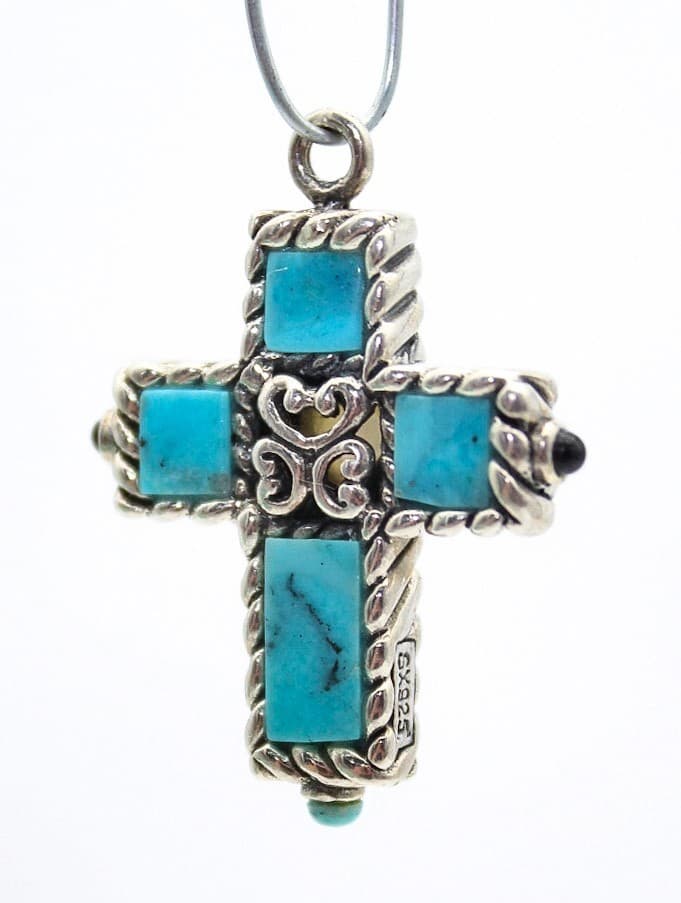 Sally C Treasures Sterling Silver 925 Onyx & Turquoise Cross Crucifix Pendant 1" - Thumbnail 5