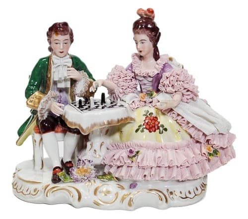 Antique Germany Dresden Couple Playing Chess Group Lace Porcelain Figurine - Image 1