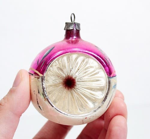 2 Vintage Hand Painted Pink/Silver Indent Reflector Glass Christmas Ornaments - Thumbnail 2