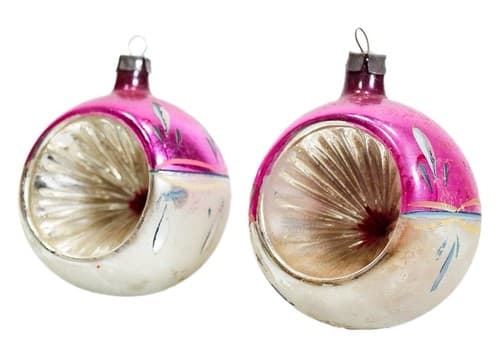2 Vintage Hand Painted Pink/Silver Indent Reflector Glass Christmas Ornaments - Image 1