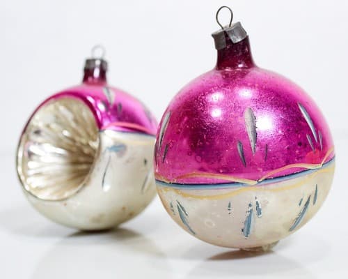 2 Vintage Hand Painted Pink/Silver Indent Reflector Glass Christmas Ornaments - Thumbnail 4